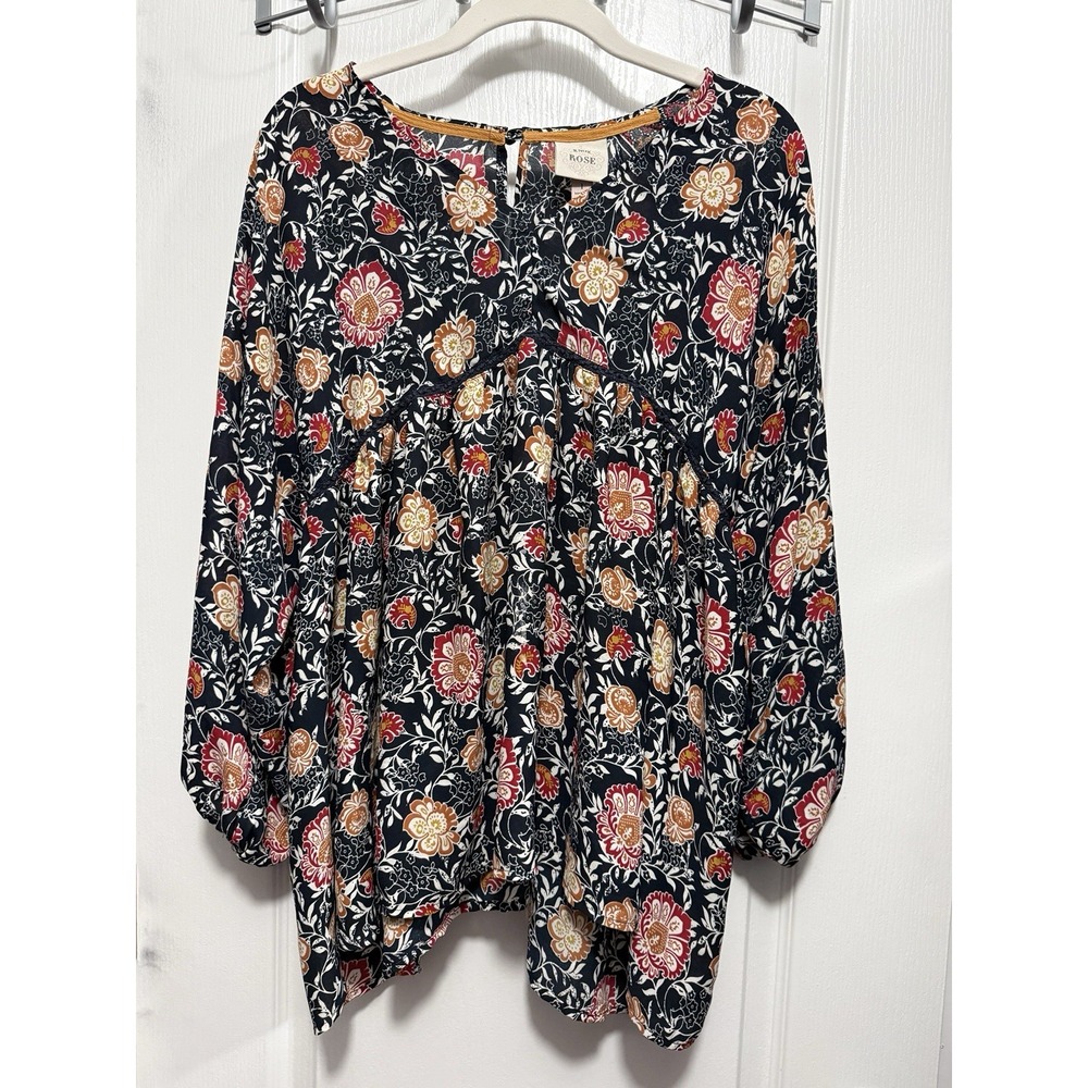 Knox Rose Blouse Womens 1X Navy Red Floral Boho Peasant Top V Neck Babydoll